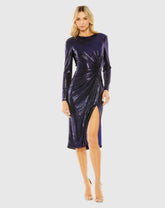 Purple Long Sleeve Knot Detail Slit Metallic Dress
